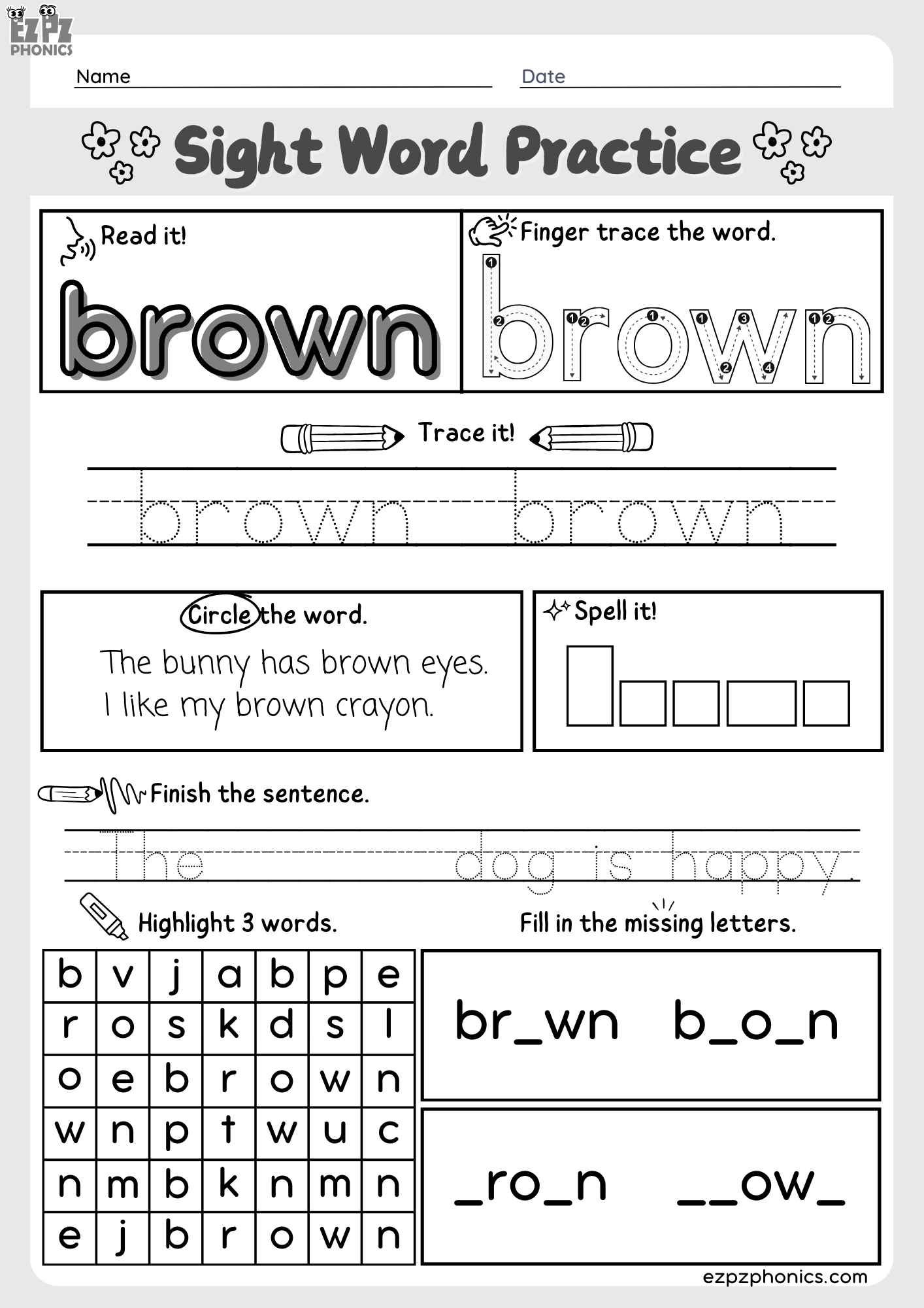 Dolch Kindergarten Sight Word “Brown” – Downloadable PDF Worksheet